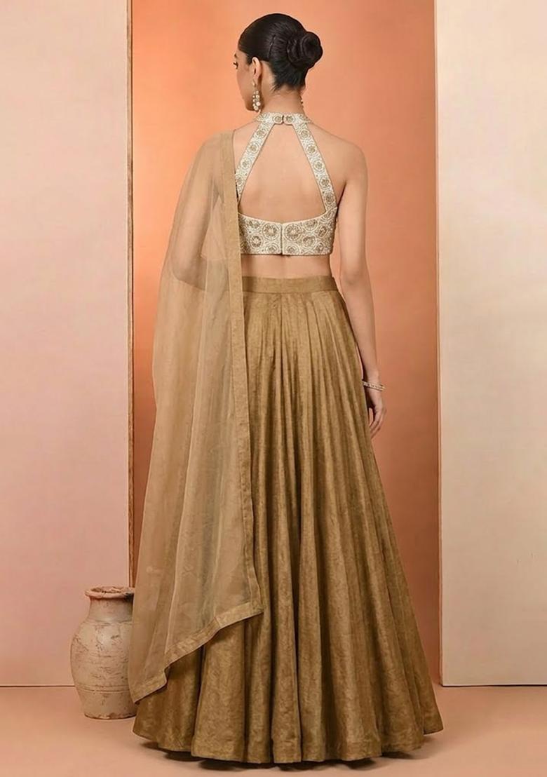 Champagne Gold Embroidered Tissue Lehenga Set - Indya