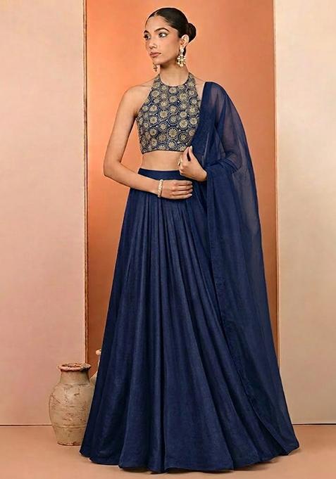 Navy Blue Embroidered Tissue Lehenga Set