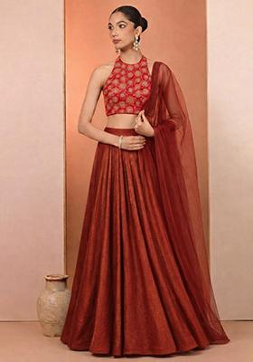 Rust Embroidered Tissue Lehenga Set