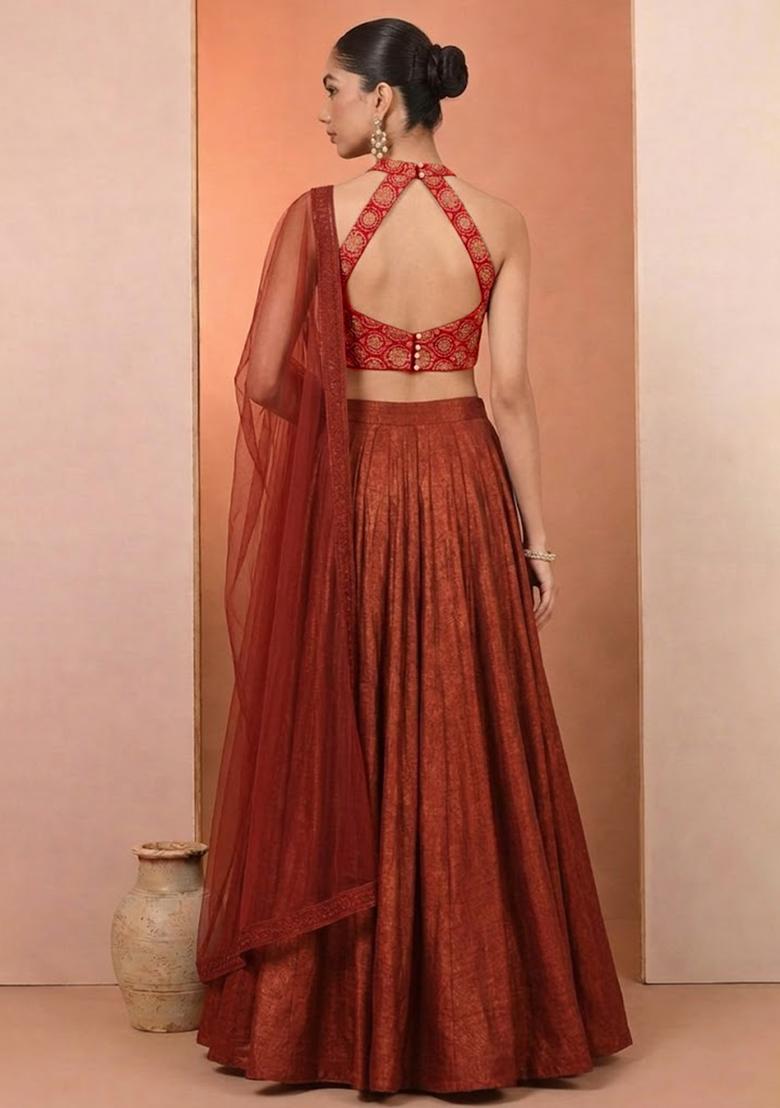 Rust Embroidered Tissue Lehenga Set - Indya