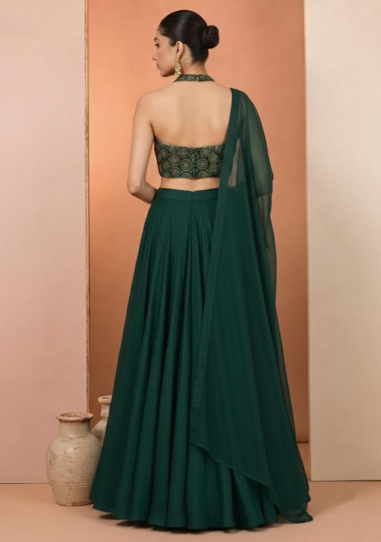 Emerald Green Embroidered Tissue Lehenga Set - Indya