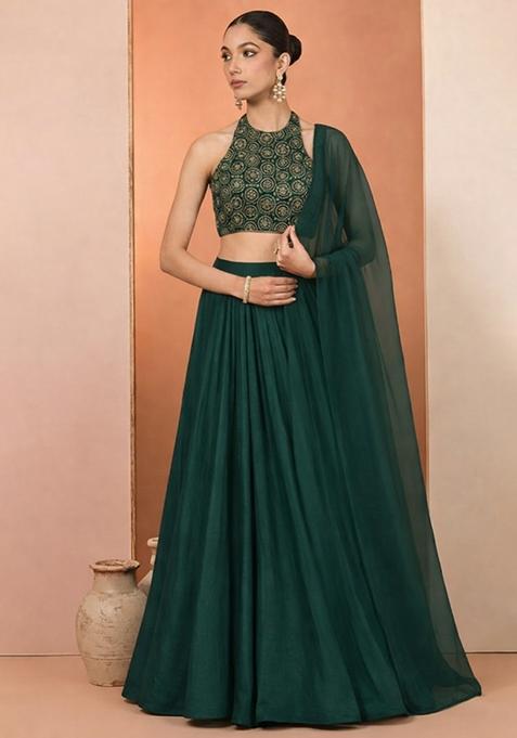 Emerald Green Embroidered Tissue Lehenga Set