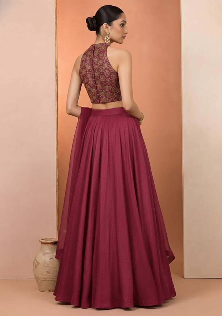 Burgundy Embroidered Tissue Lehenga Set - Indya