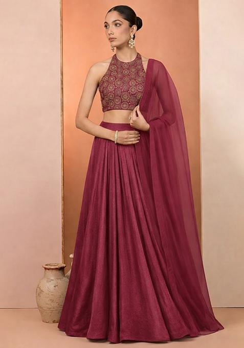 Burgundy Embroidered Tissue Lehenga Set