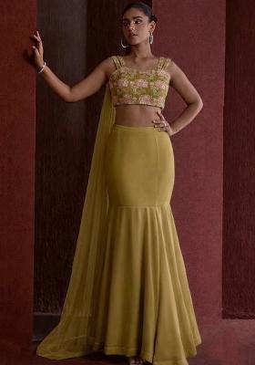 Olive Green Floral Print Organza Lehenga Set