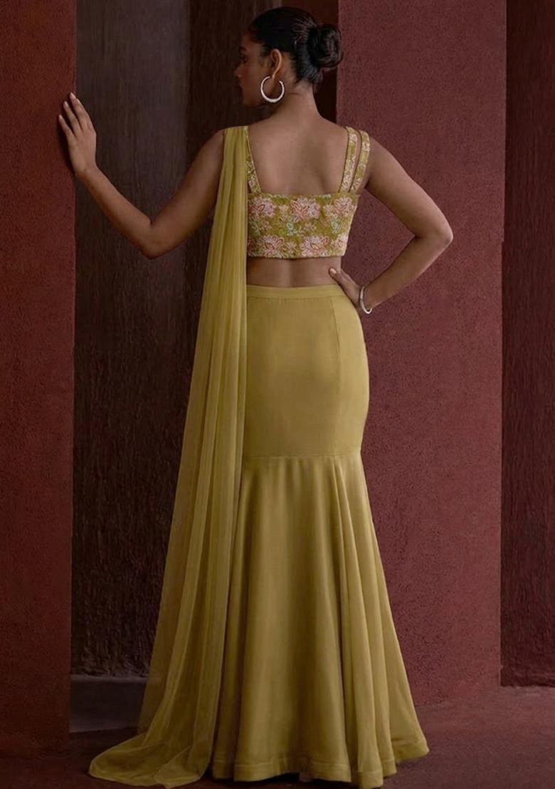 Olive Green Floral Print Organza Lehenga Set - Indya