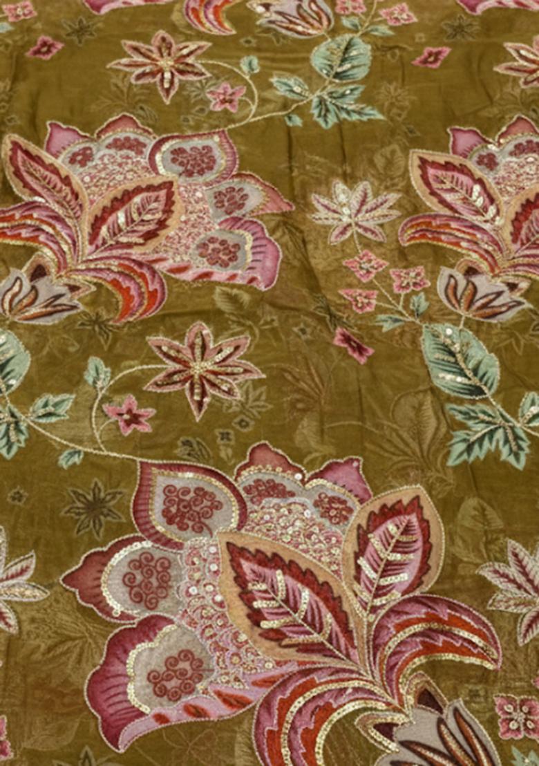 Olive Green Floral Print Organza Lehenga Set - Indya