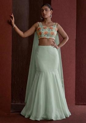 Mint Green Floral Print Organza Lehenga Set