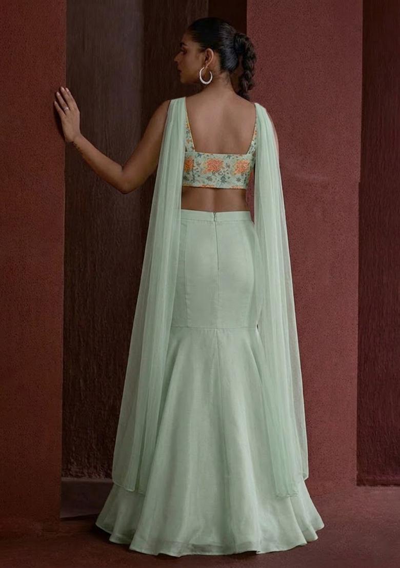 Mint Green Floral Print Organza Lehenga Set - Indya