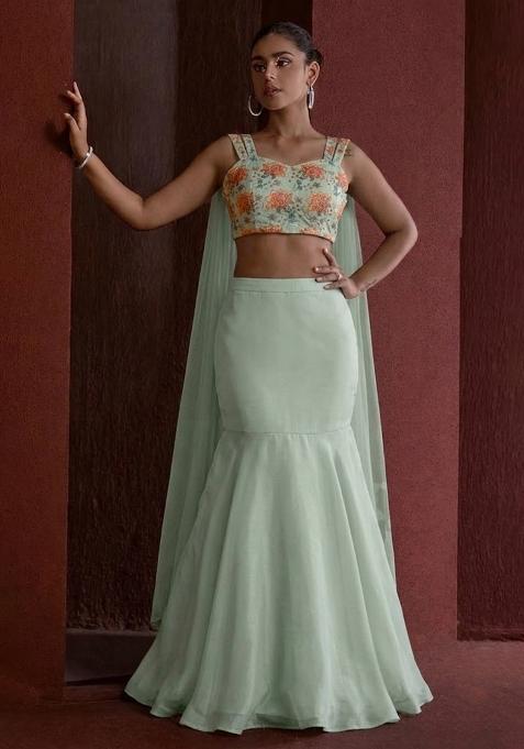 Mint Green Floral Print Organza Lehenga Set
