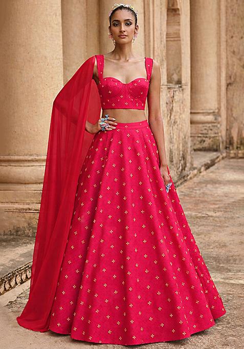 Red Embroidered Organza Lehenga Set