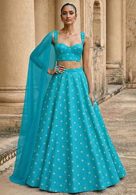 Aqua Blue Embroidered Organza Lehenga Set