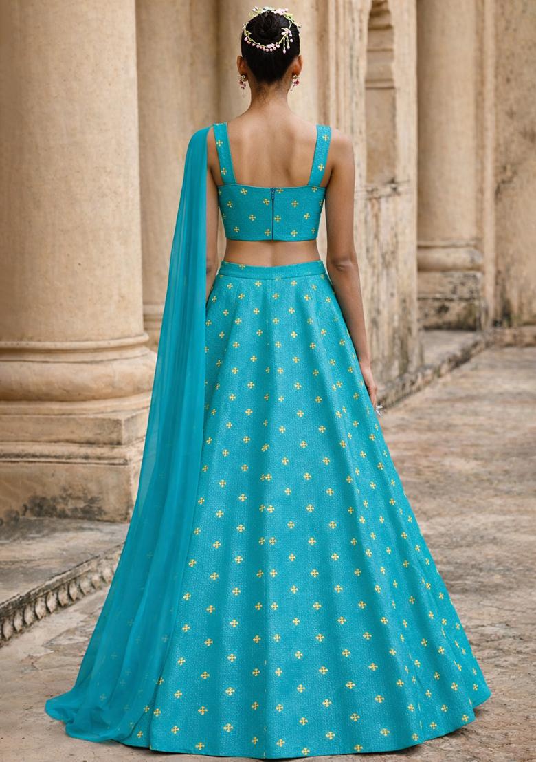 Aqua Blue Embroidered Organza Lehenga Set - Indya
