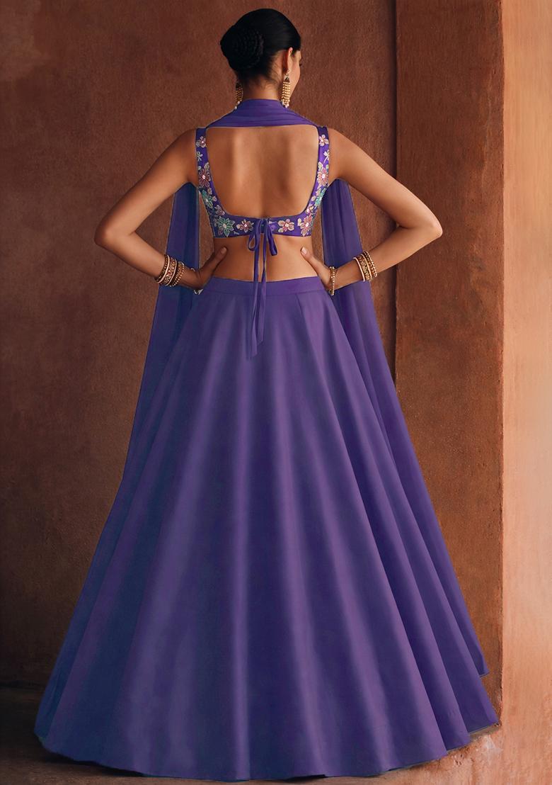 Royal Purple Embroidered Crepe Lehenga Set - Indya