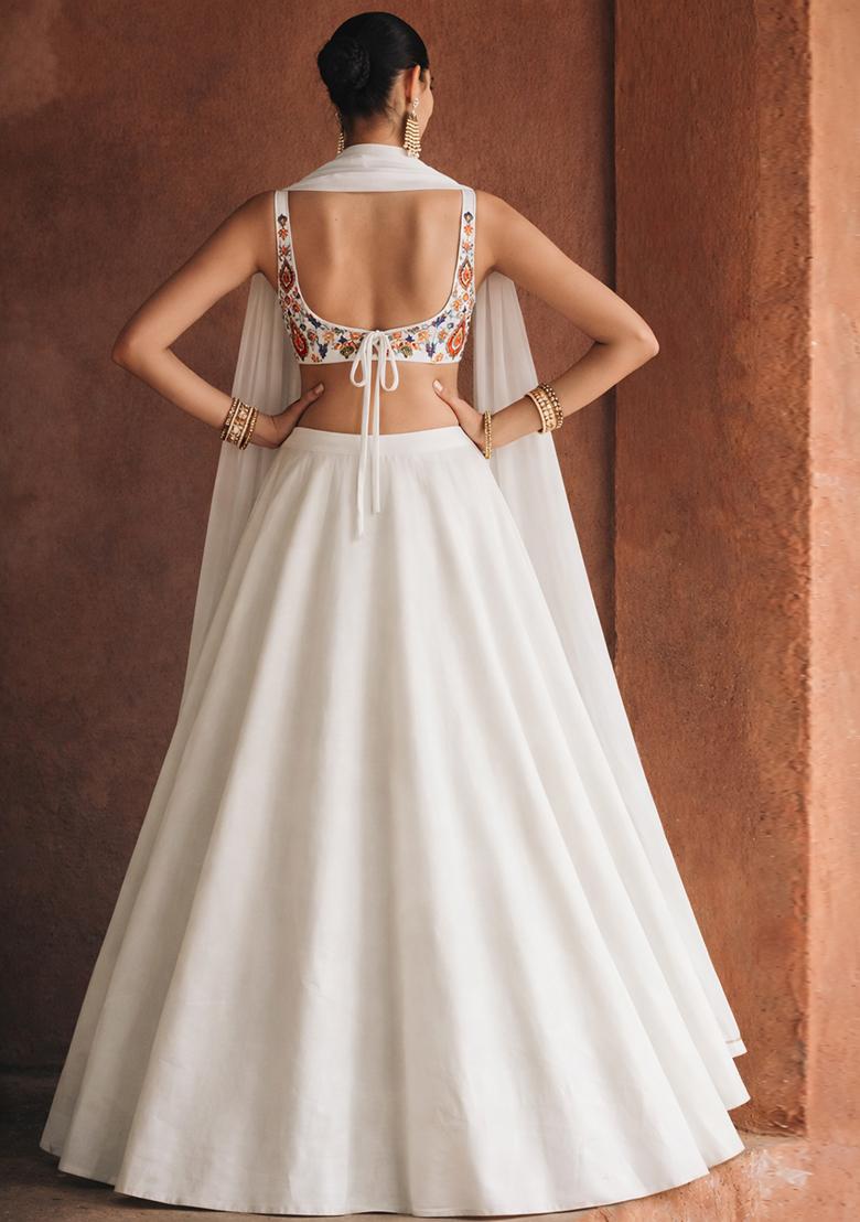 Ivory Embroidered Crepe Lehenga Set - Indya