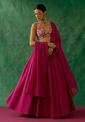 Rani Pink Floral Print Crepe Lehenga Set