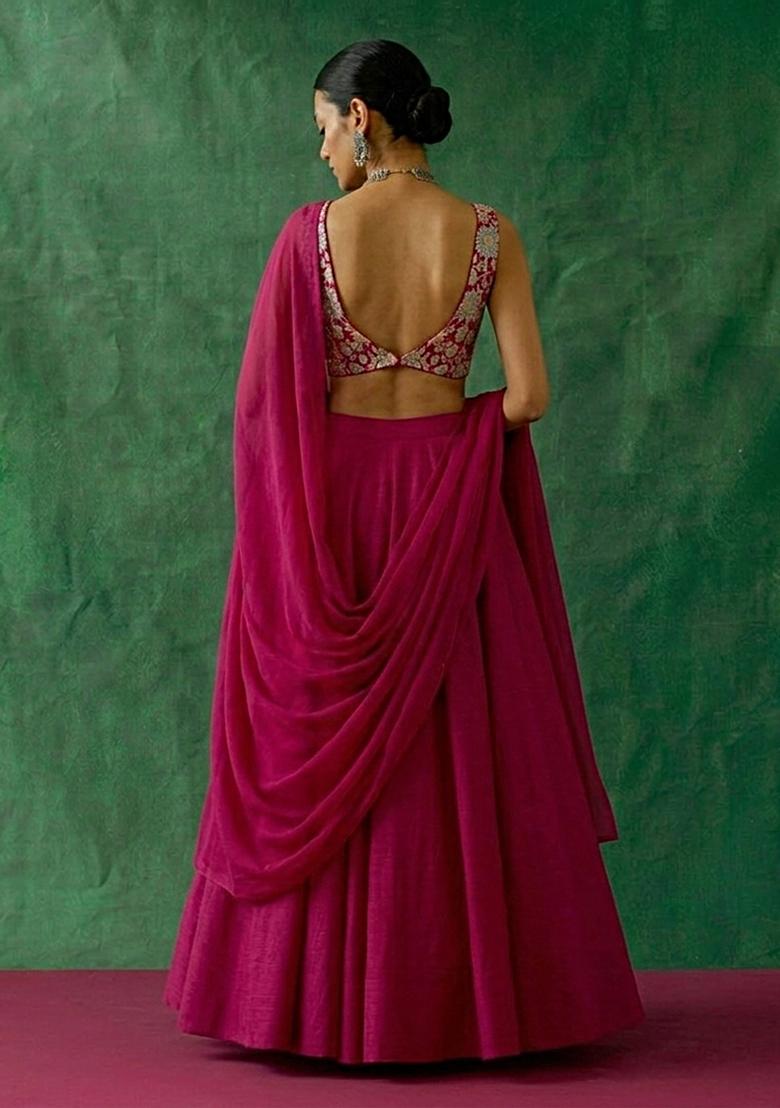 Rani Pink Floral Print Crepe Lehenga Set - Indya