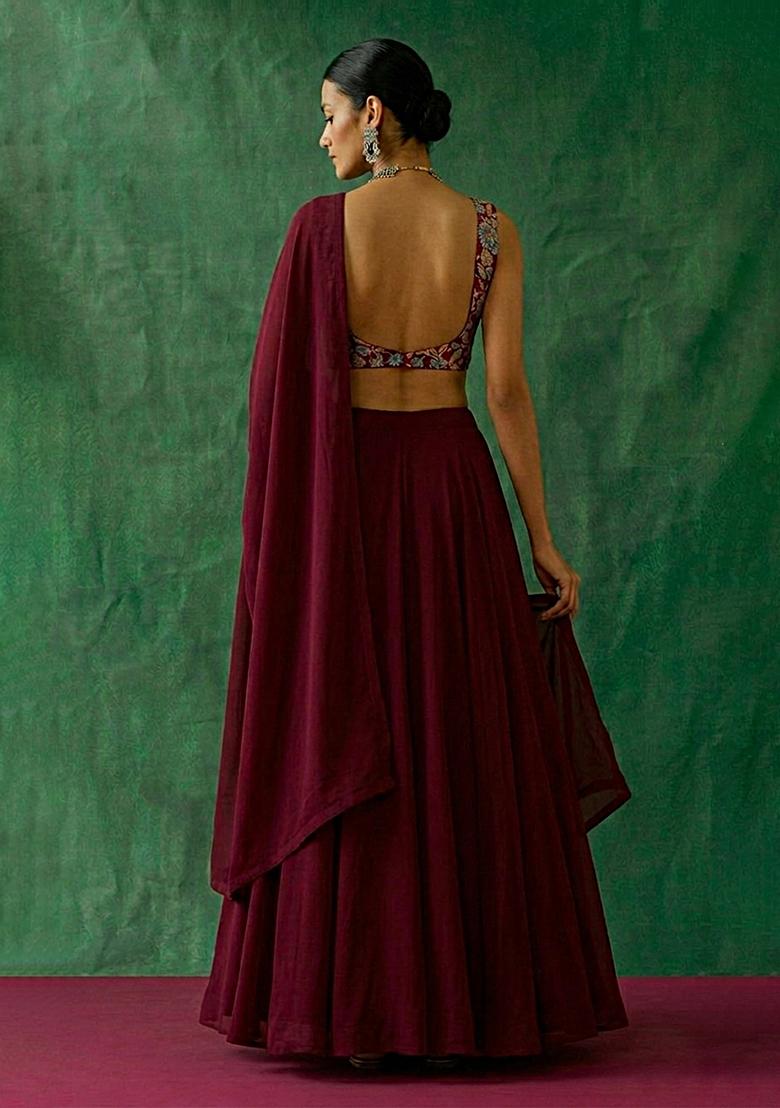 Deep Maroon Floral Print Crepe Lehenga Set - Indya