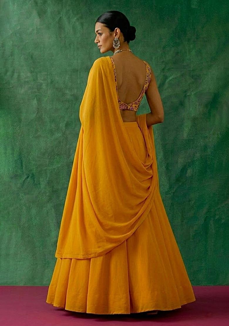 Mustard Floral Print Crepe Lehenga Set - Indya