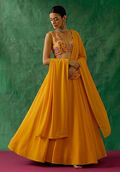 Mustard Floral Print Crepe Lehenga Set