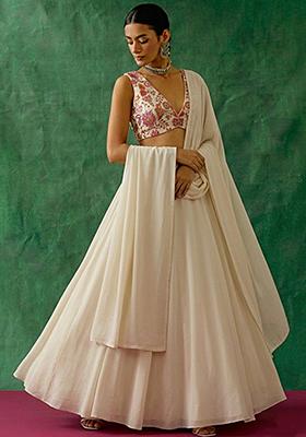 Off White Floral Print Crepe Lehenga Set