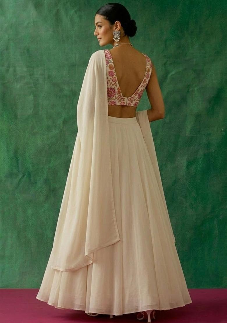 Off White Floral Print Crepe Lehenga Set - Indya