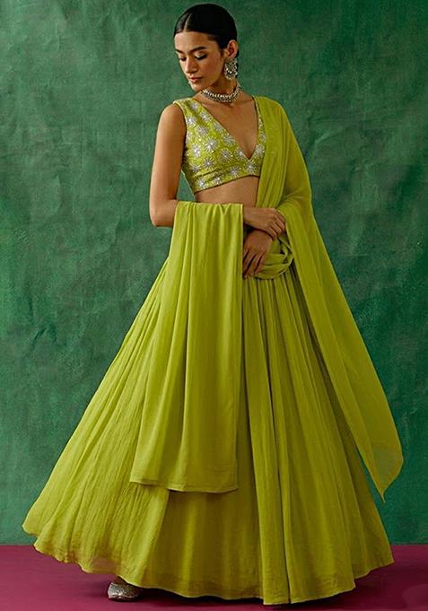 Leaf Green Sequin Silk Lehenga Set