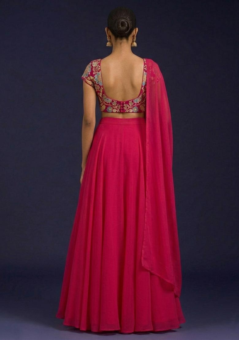 Rani Pink Floral Print Crepe Lehenga Set - Indya