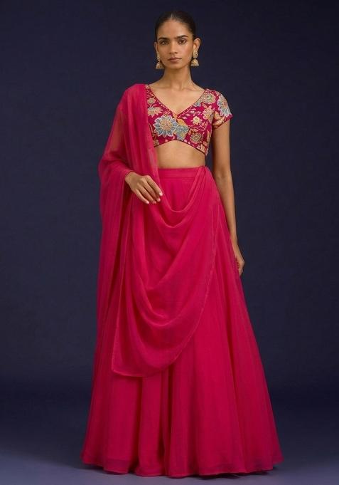 Rani Pink Floral Print Crepe Lehenga Set