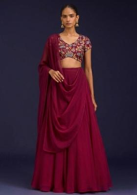 Burgundy Floral Print Crepe Lehenga Set