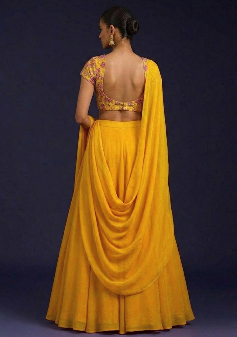 Mustard Floral Print Crepe Lehenga Set - Indya