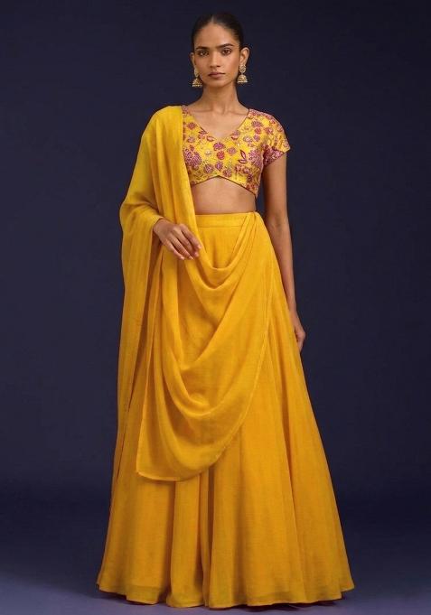 Mustard Floral Print Crepe Lehenga Set