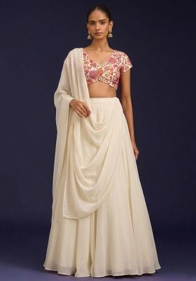 Off White Floral Print Crepe Lehenga Set