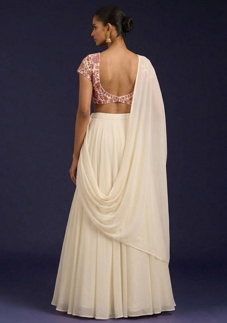 Off White Floral Print Crepe Lehenga Set - Indya