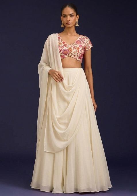 Off White Floral Print Crepe Lehenga Set