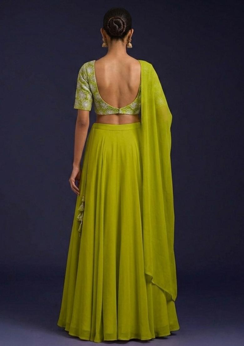 Lime Green Sequin Silk Lehenga Set - Indya