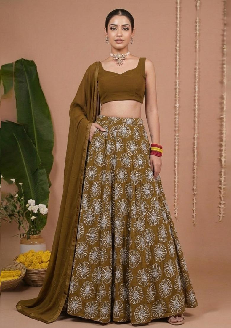 Olive Brown Sequin Silk Lehenga Set - Indya