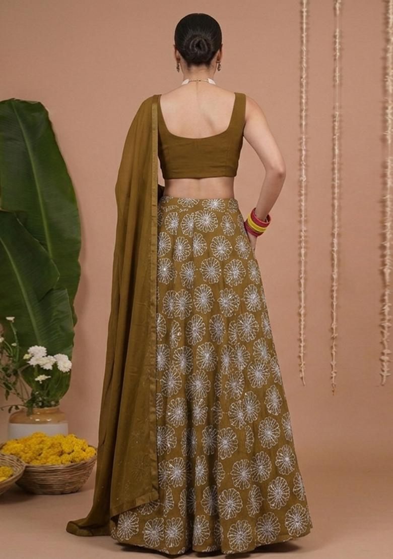 Olive Brown Sequin Silk Lehenga Set - Indya