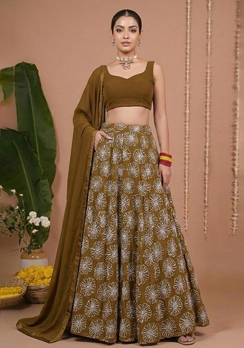 Olive Brown Sequin Silk Lehenga Set