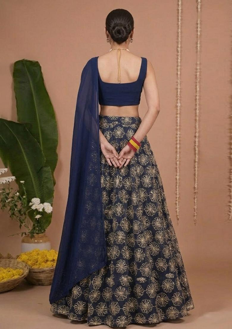 Navy Blue Sequin Silk Lehenga Set - Indya