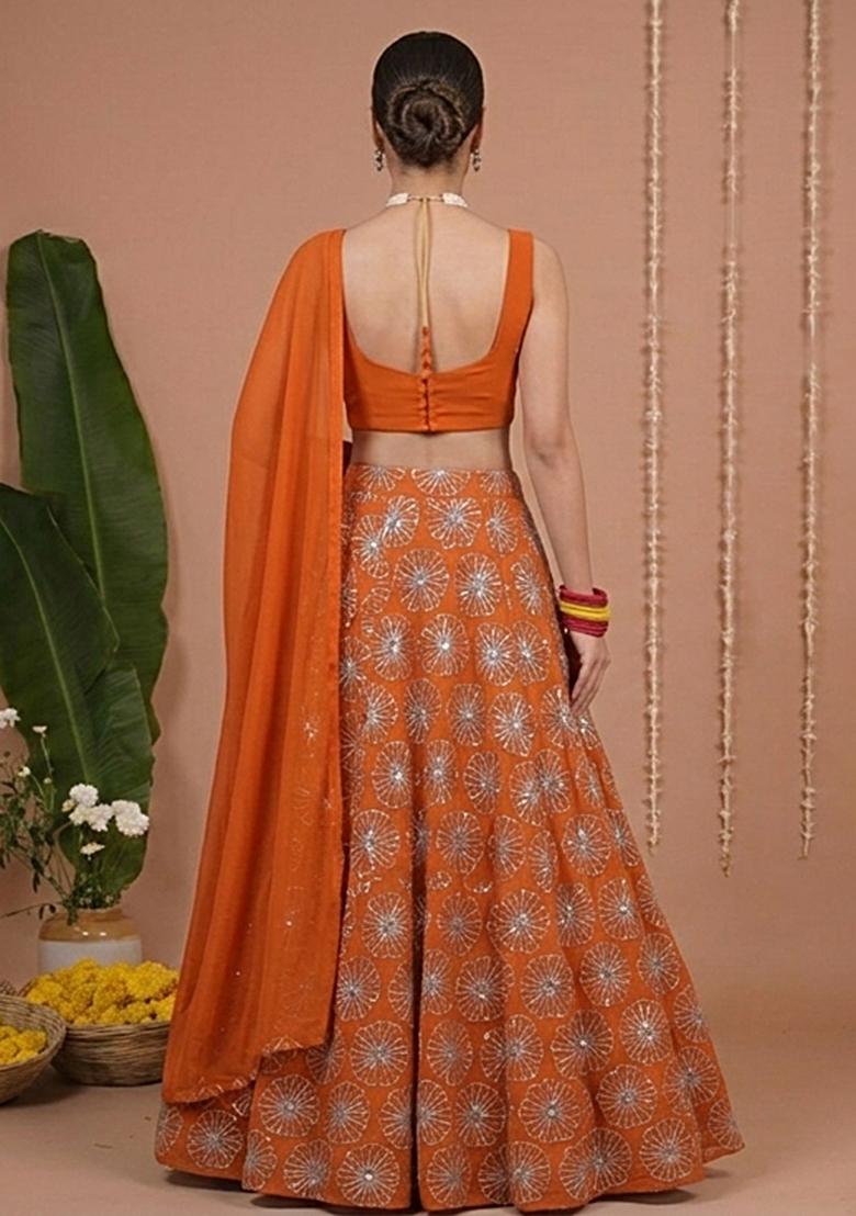 Rust Sequin Silk Lehenga Set - Indya