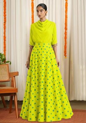 Lime Green Printed Satin Lehenga Set