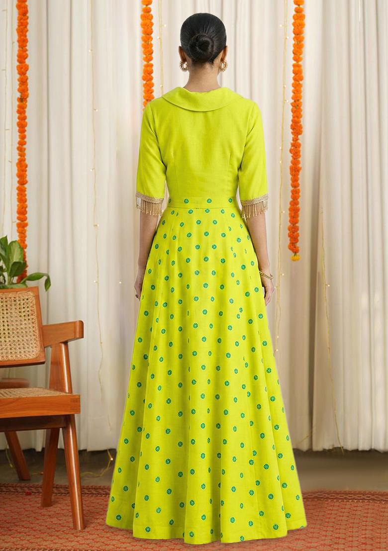 Lime Green Printed Satin Lehenga Set - Indya