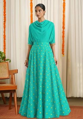 Teal Green Printed Satin Lehenga Set