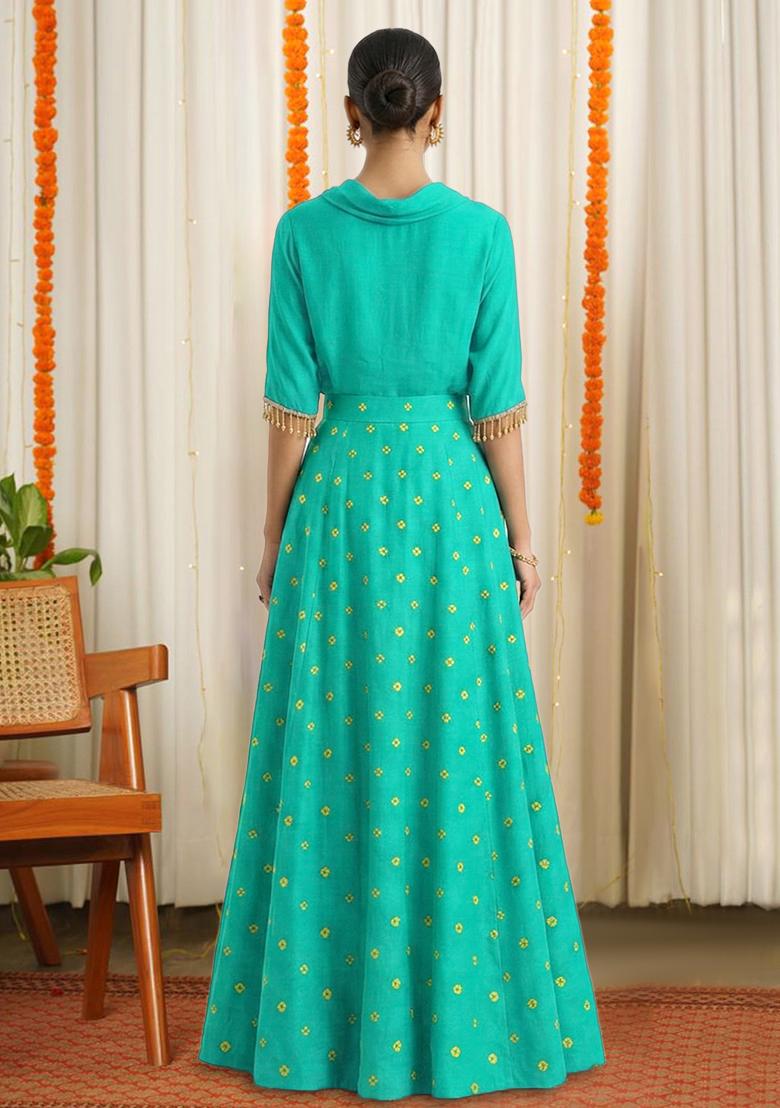 Teal Green Printed Satin Lehenga Set - Indya