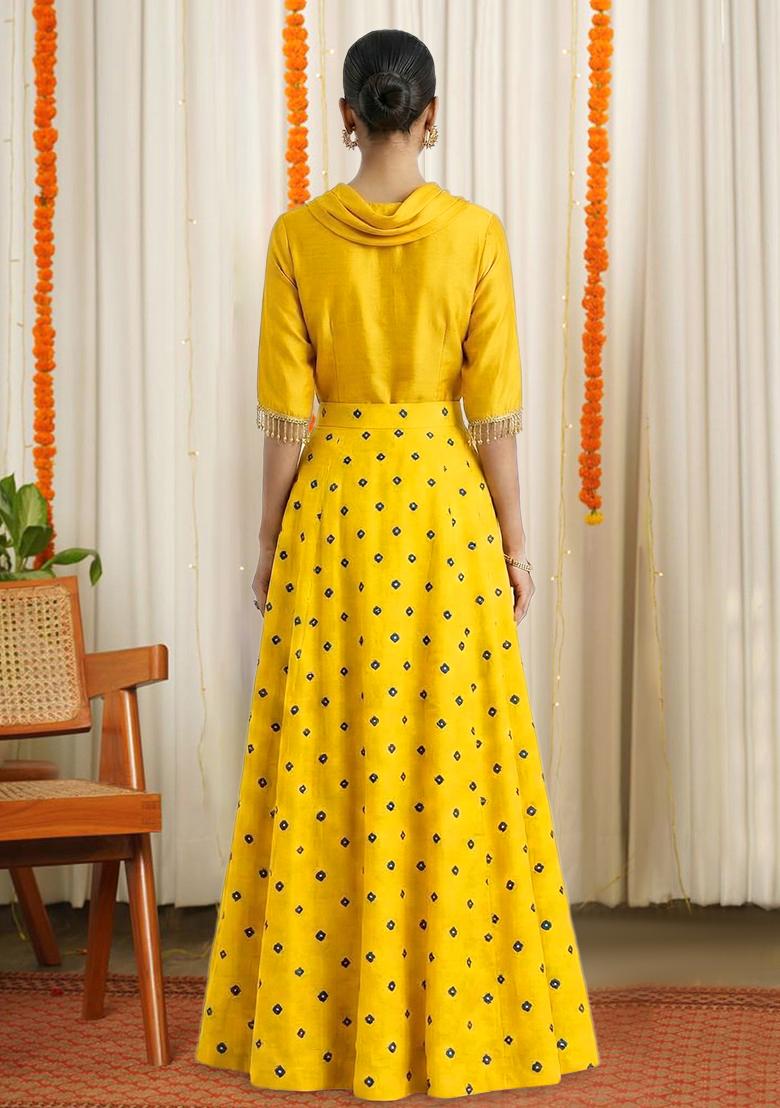 Mustard Printed Satin Lehenga Set - Indya