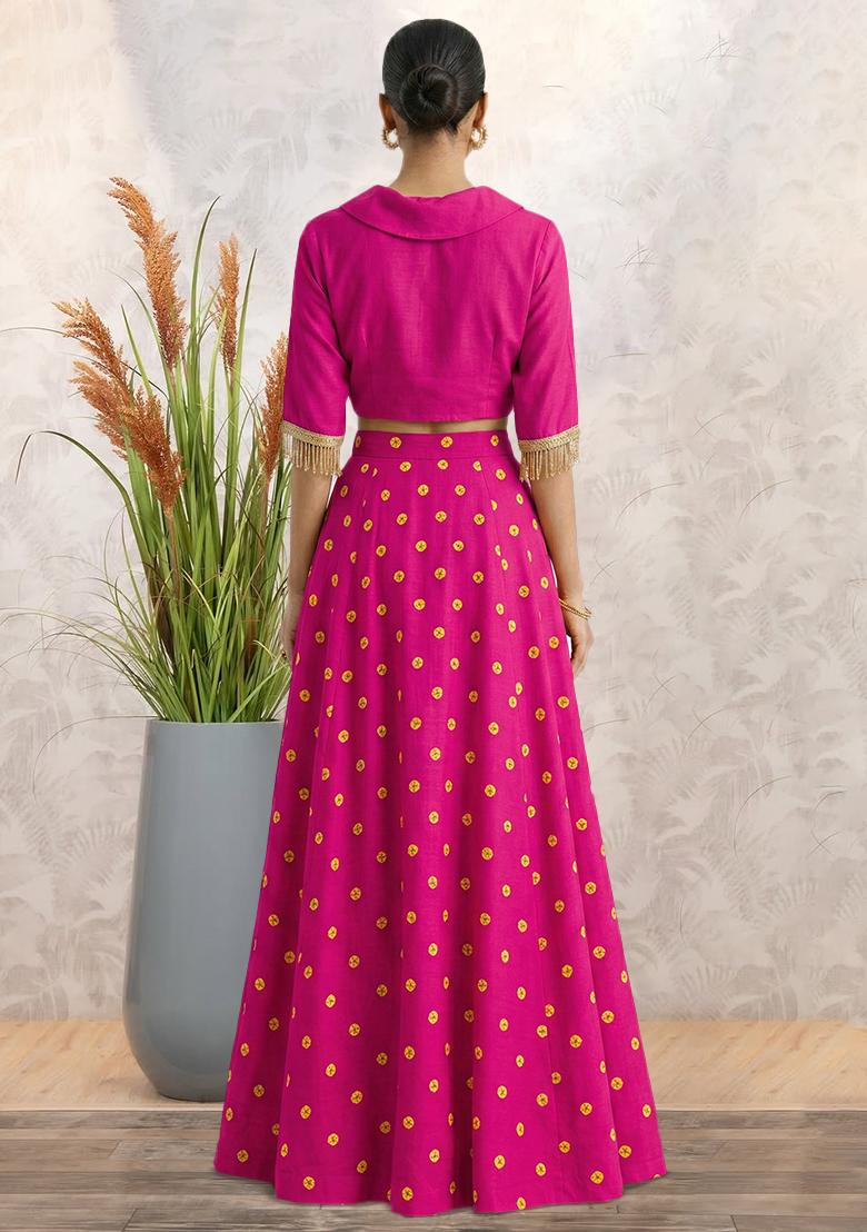 Rani Pink Printed Satin Lehenga Set - Indya