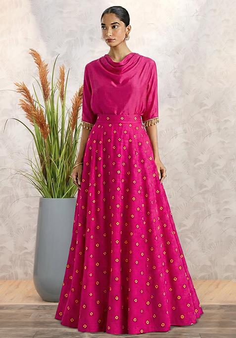 Rani Pink Printed Satin Lehenga Set