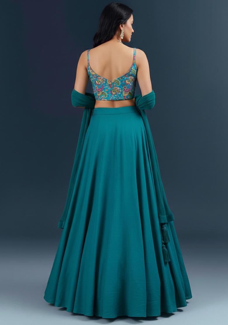 Teal Blue Printed Crepe Lehenga Set - Indya