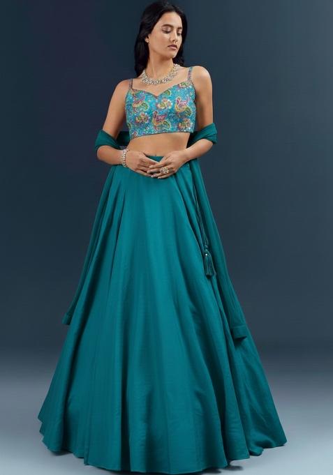 Teal Blue Printed Crepe Lehenga Set